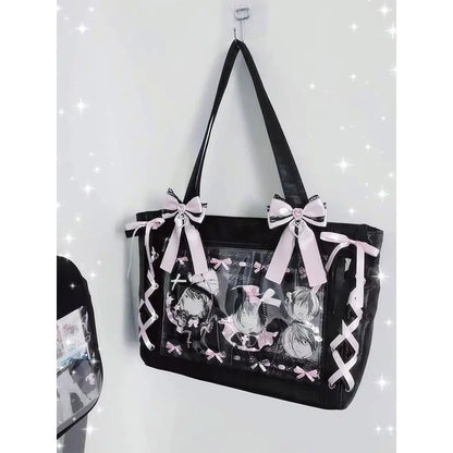 New Japanese Sweet Girl Ulzzang Ita Bag Ribbon Cute Handbag for Women Large Capacity Transparent DIY Badge One-shoulder Tote Bag