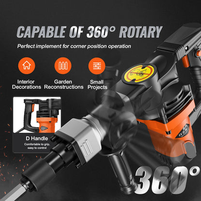 1400W Demolition Jack Hammer Electric Jackhammer Heavy Duty 2900 BPM Concrete Breaker 2pcs Chisels Bits Chipping
