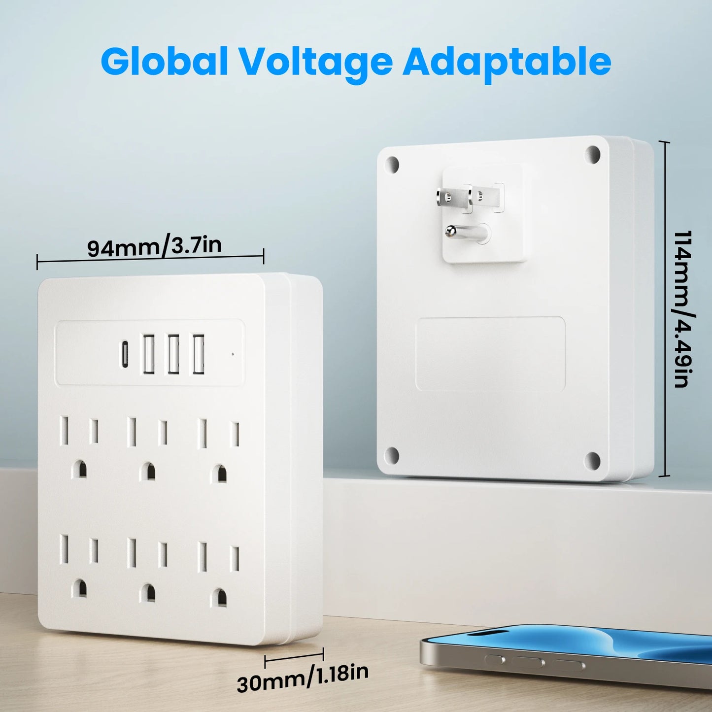 6 AC power strip, 3 USB ports, 1 USB-C fast charging port. The power strip surge protector provides overload protection for home