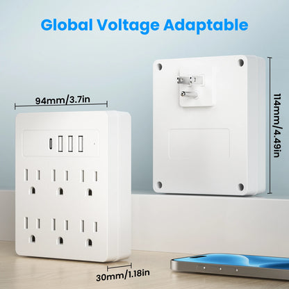 6 AC power strip, 3 USB ports, 1 USB-C fast charging port. The power strip surge protector provides overload protection for home