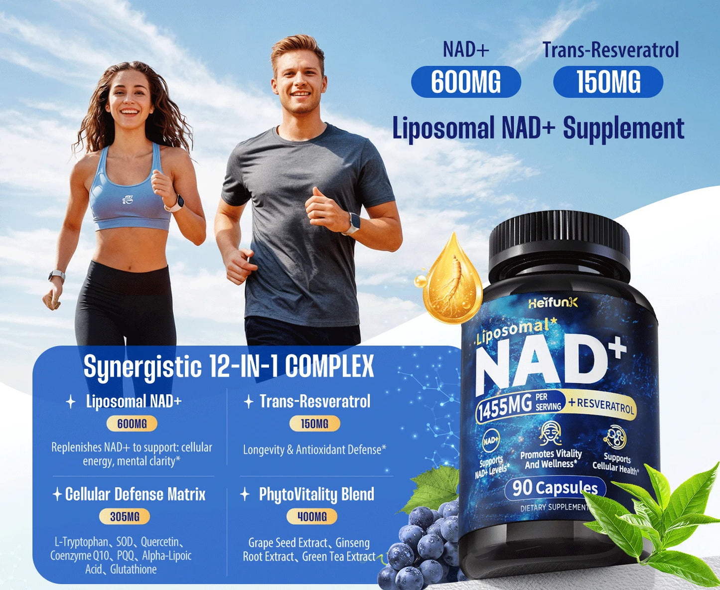 Supplement 1450mg NAD Resveratrol Supplement for Women and Men NAD+ Support Cellular Health Anti Aging 90 Count