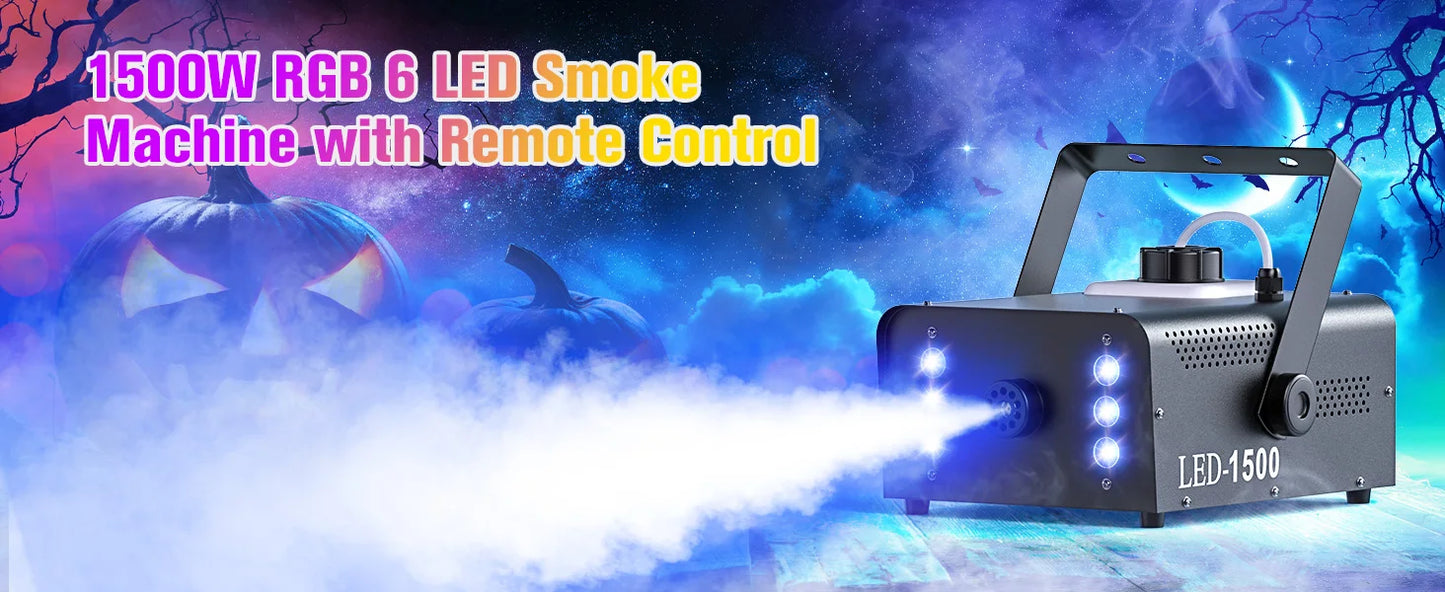1500W Smoke Machine RGB 6 LED Fog Machine with Remote Control for DJ Disco Party Christmas Stage Effect Fogger Machine