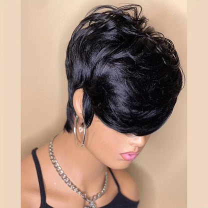 Short Pixie Cut Wig Human Hair Wig for Women Wig with Bangs Layered Wavy Full Machine Made Wig