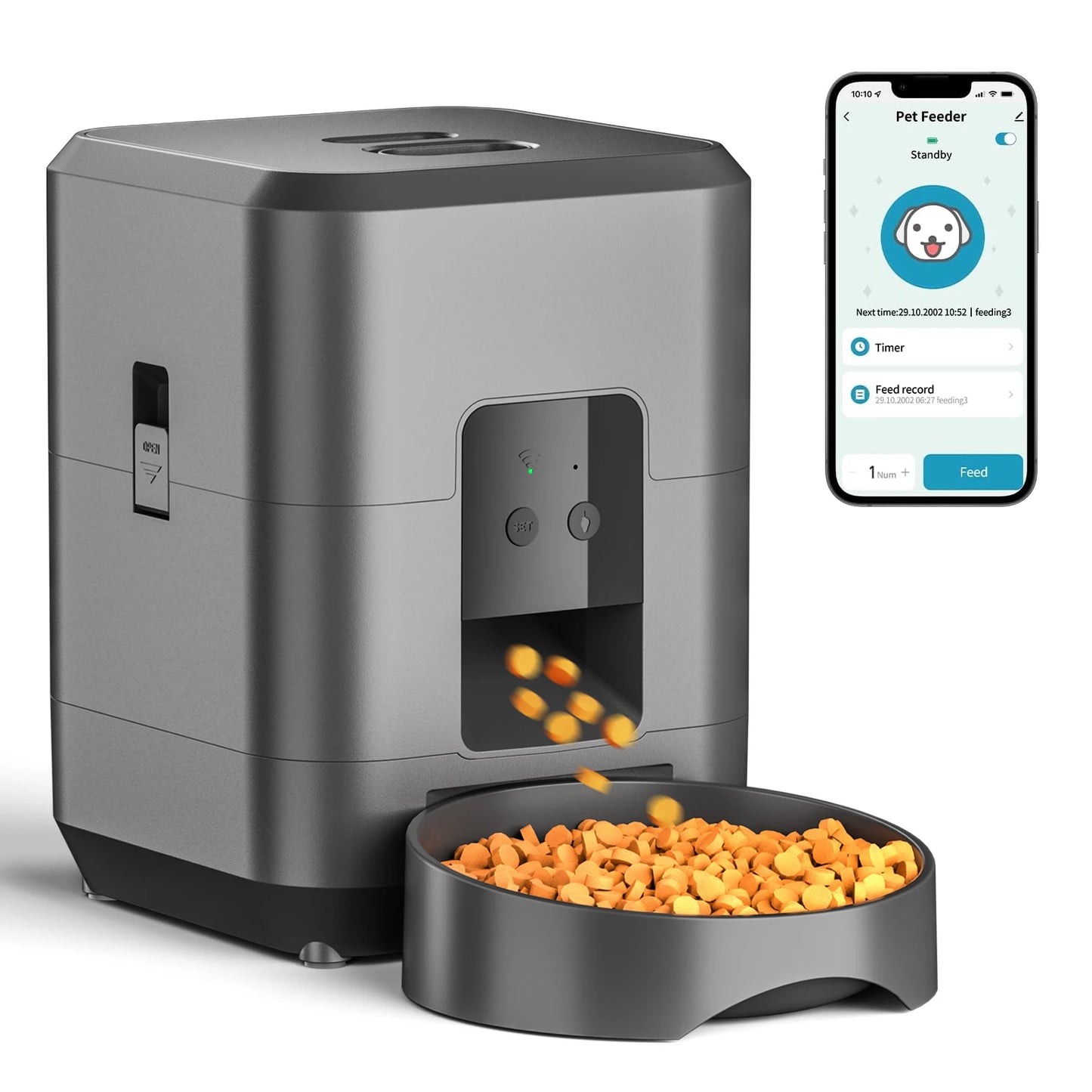 App-controlled timed feeder; perfect cat mom gift.