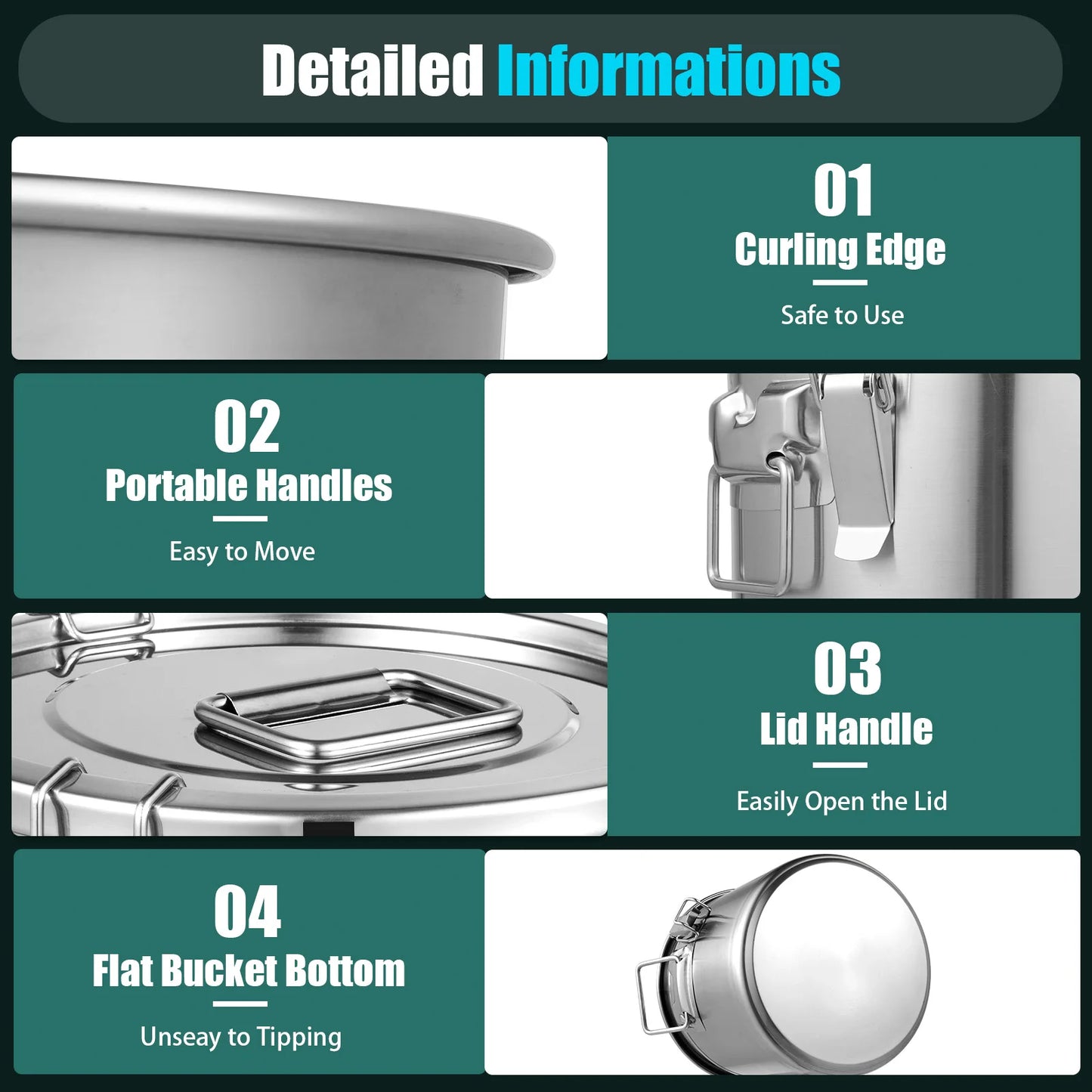 21/33L Stainless Steel Storage Bucket With Lids and 3 Sturdy Locking Clamp Storing Various Dry/Wet Items
