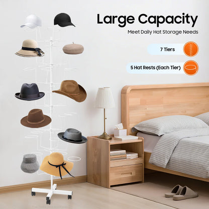 7 Tiers Hat Holder Storage Organizer Freestanding Rotating Hat Display Rack Stand with 35 Hooks Hat Cap Hanger Rack with Wheels