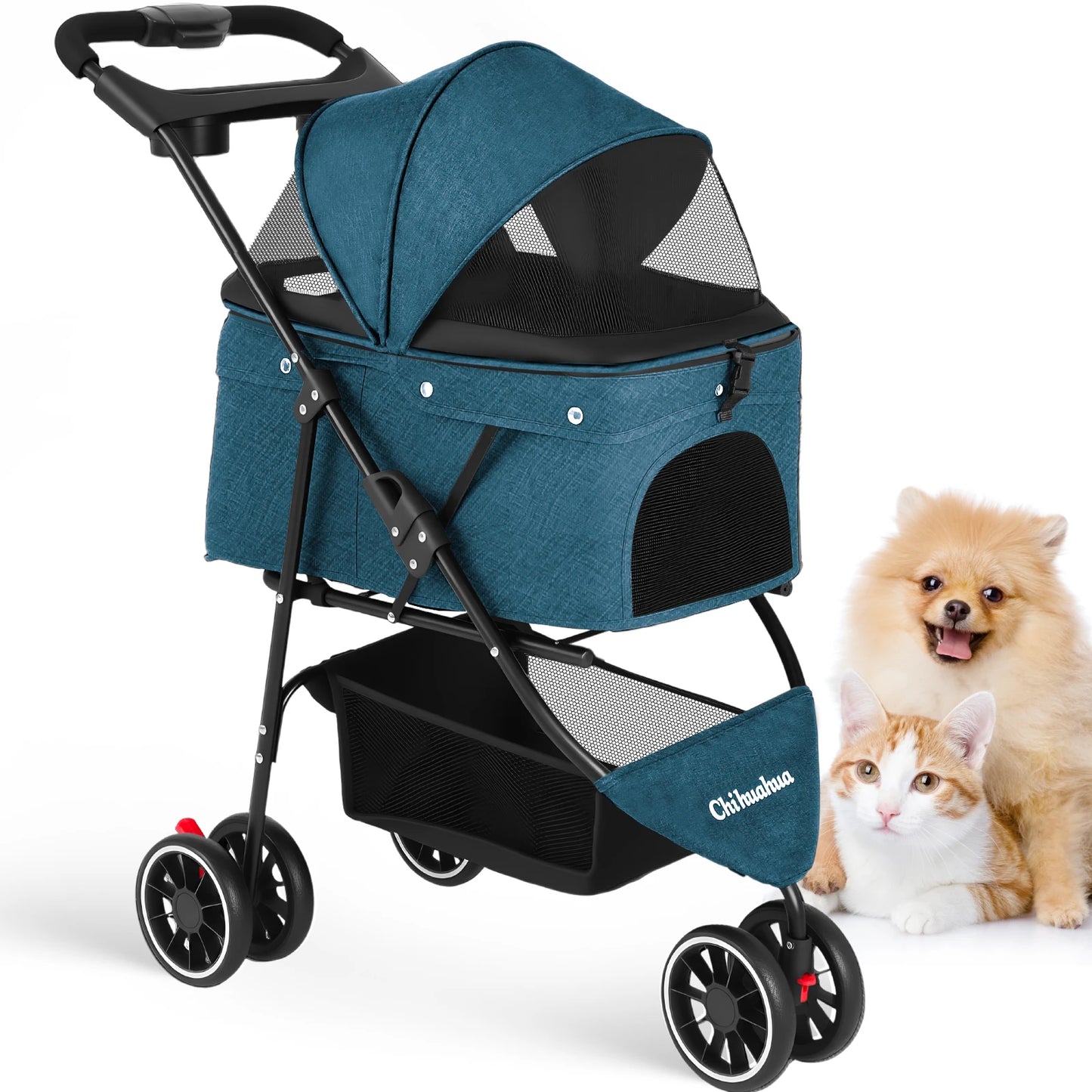 Foldable Three‑Wheel Pet Stroller With Breathable Canopy.