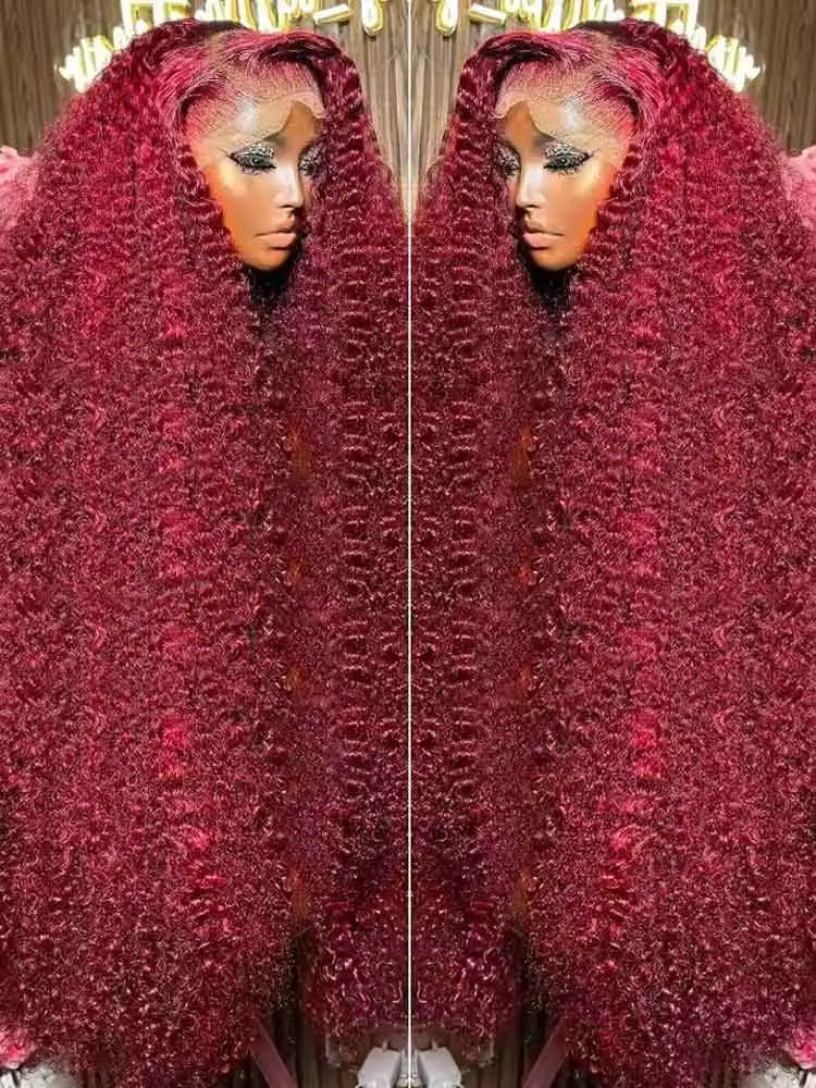 Burgundy deep‑wave wig, 13x4 HD lace.