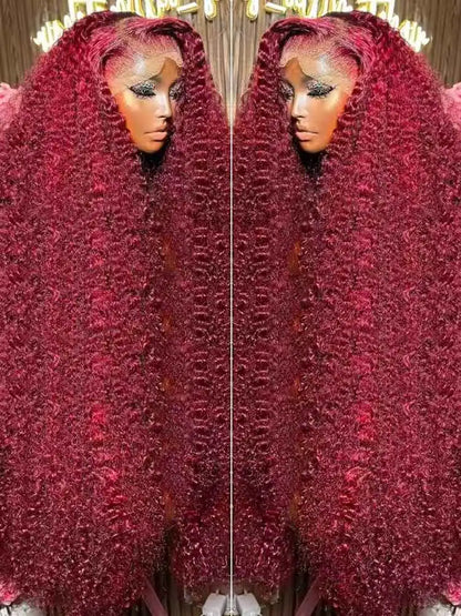 Burgundy deep‑wave wig, 13x4 HD lace.