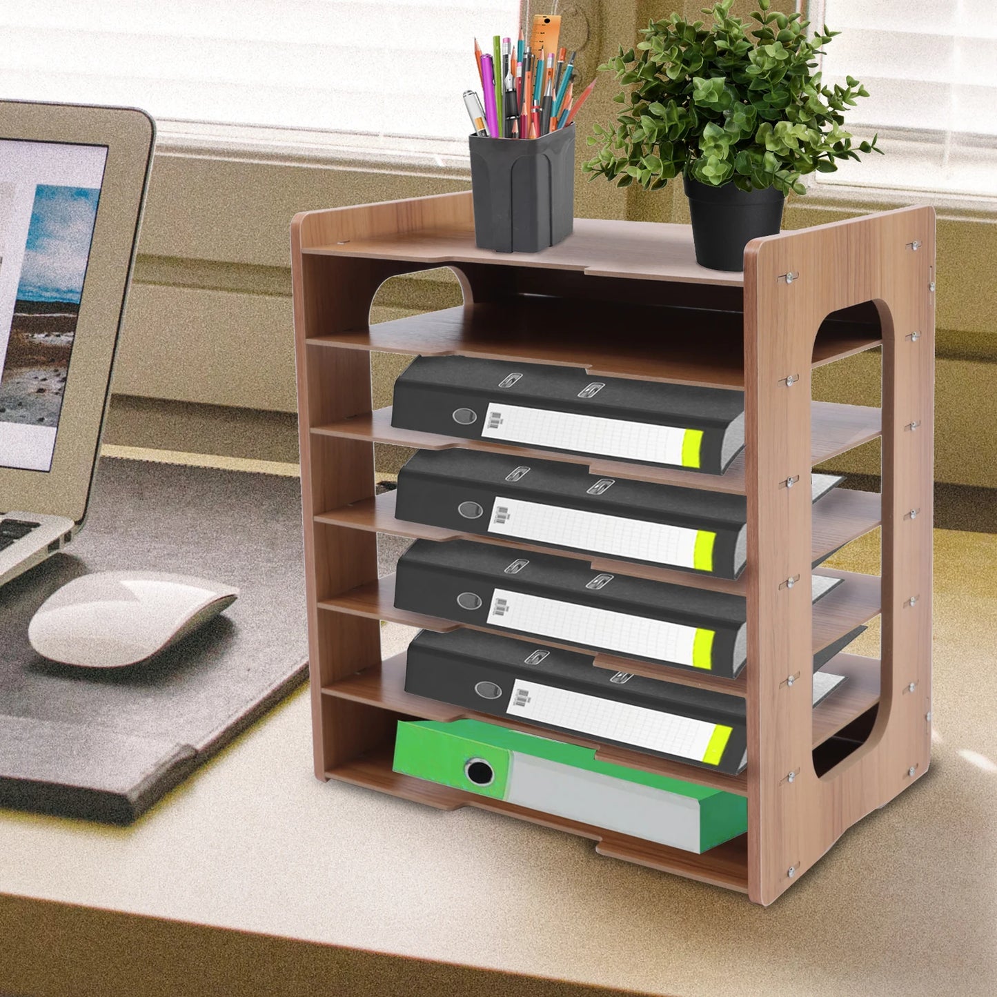 Seven‑Tier Wooden Desk Paper Organizer And Sorter.