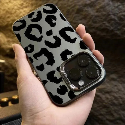 Leopard Print Electroplate Silver IMD Phone Case For iPhone 16 15 14 13 12 11 Pro Max 15 Plus Matte Shockproof Back Cover