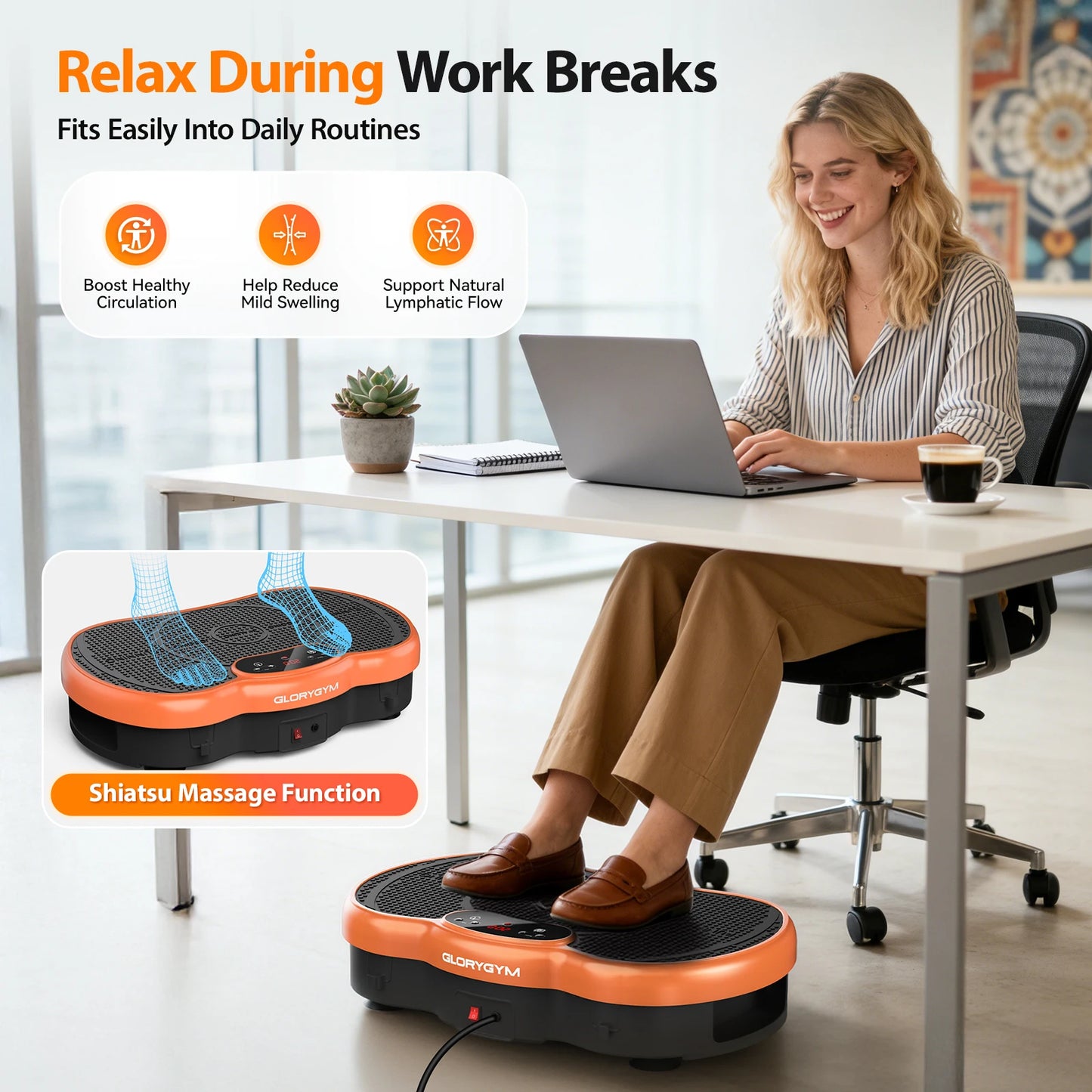 Bluetooth vibration plate; calorie-tracking, 120-level whole-body workout.