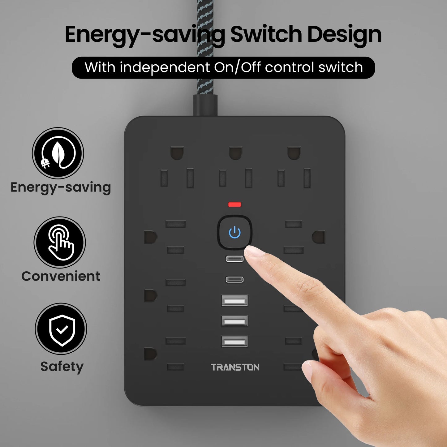 Power strip surge protector with 9 Ac Outlets,3 USB & 2 USB-C,5ft Cable, Weaving thread,45° tilt plug, Black