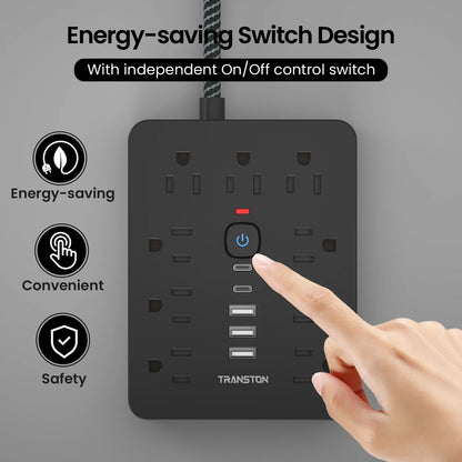 Power strip surge protector with 9 Ac Outlets,3 USB & 2 USB-C,5ft Cable, Weaving thread,45° tilt plug, Black