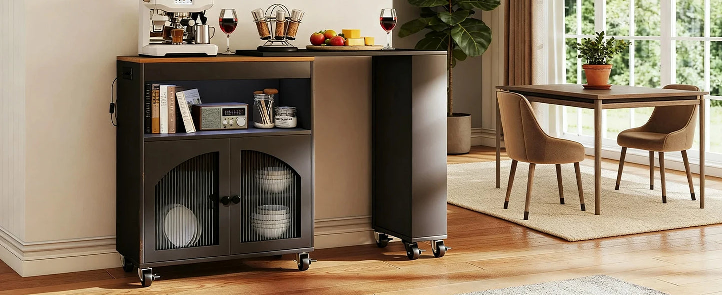 US Kitchen Island On Wheels with Extended Table MDF Rolling Kitchen Storage Cart LED Light Power Outlets 2 Fluted Glass Doors