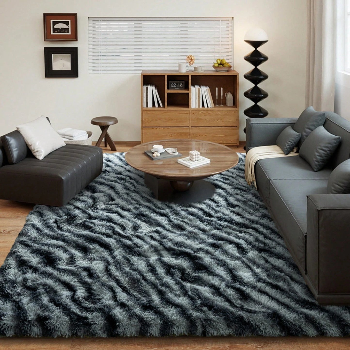 Super soft washable shag zebra‑print bedroom rug.