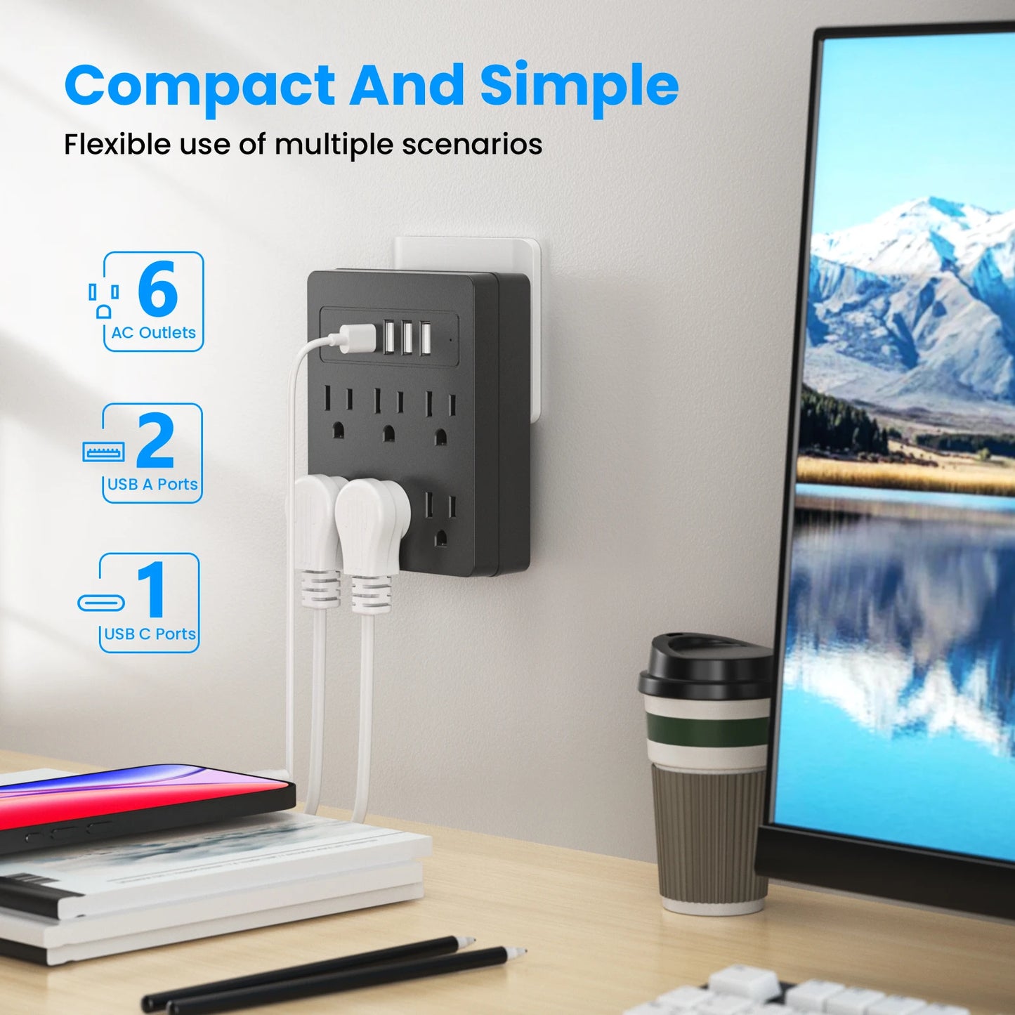 6 AC power strip, 3 USB ports, 1 USB-C fast charging port. The power strip surge protector provides overload protection for home