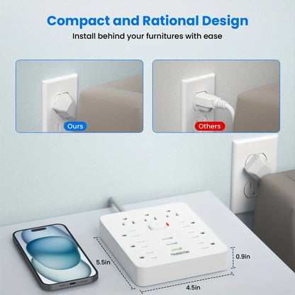 Power strip with Surge Protector, 9 power strip   3 USB Ports,5ft Extension Cord, Quick Charge, For Home and Off