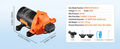 12V Diaphragm Pump 1.8/3/3.5/5 GPM 3/4/5-Chamber 40-100 PSI Adjustable 1/2'' MNPT Port for RV Yacht Food Truck Camper