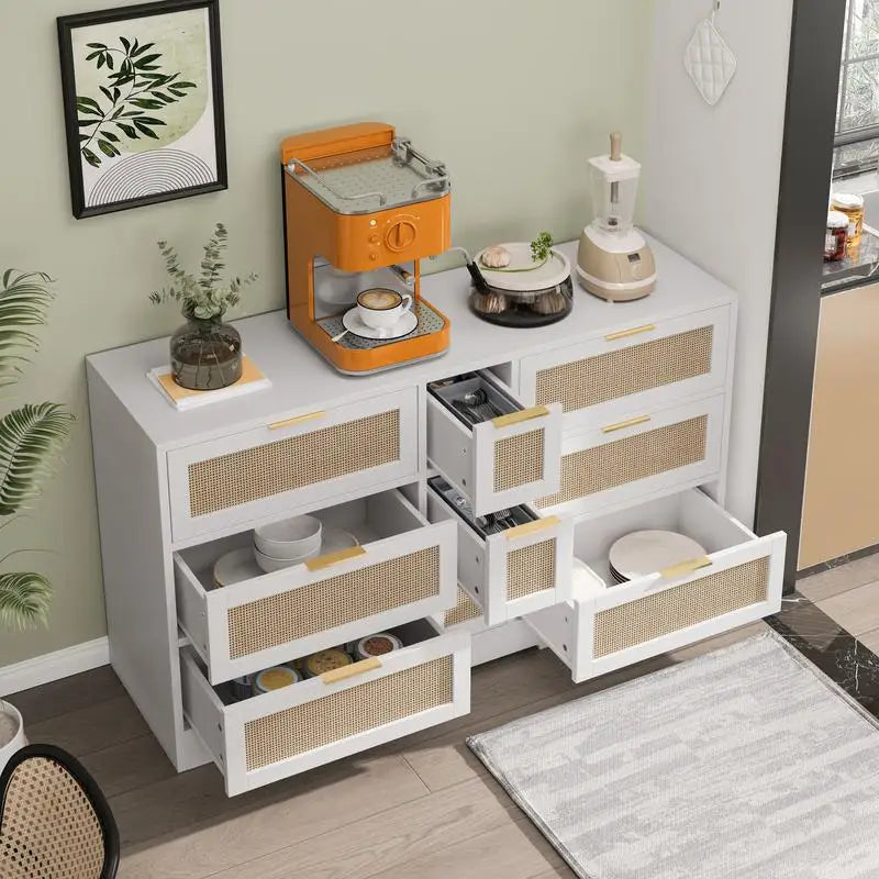 Rattan Dresser With Nine Drawers.