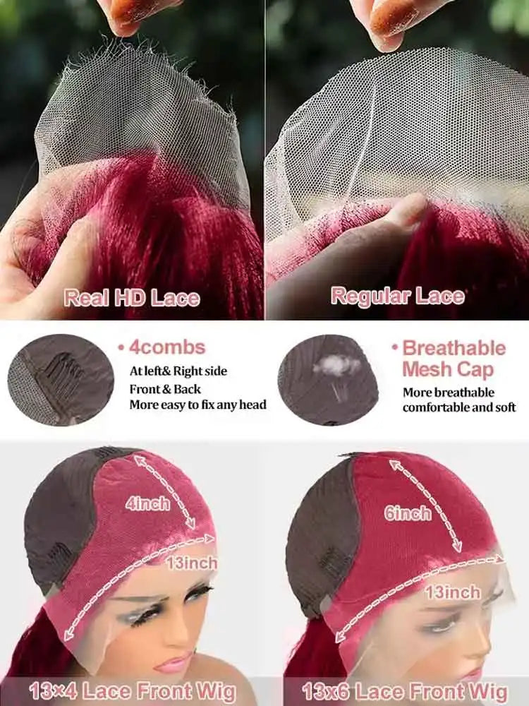 Burgundy deep‑wave wig, 13x4 HD lace.