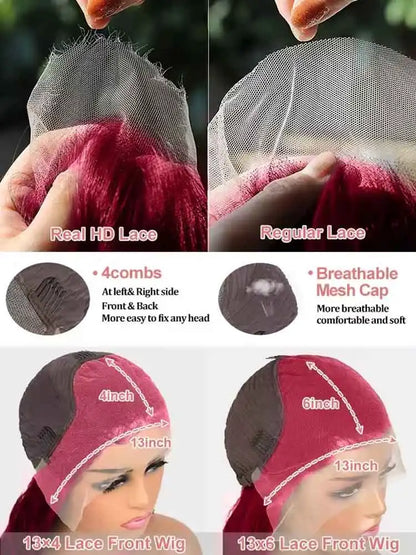 Burgundy deep‑wave wig, 13x4 HD lace.