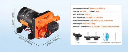 12V Diaphragm Pump 1.8/3/3.5/5 GPM 3/4/5-Chamber 40-100 PSI Adjustable 1/2'' MNPT Port for RV Yacht Food Truck Camper