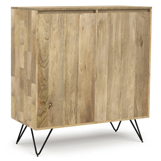 Natural Finish Mango Wood Cabinet With Black Hairpin Legs, 39 Inch Wide Industrial Style Storage Unit For Living Room