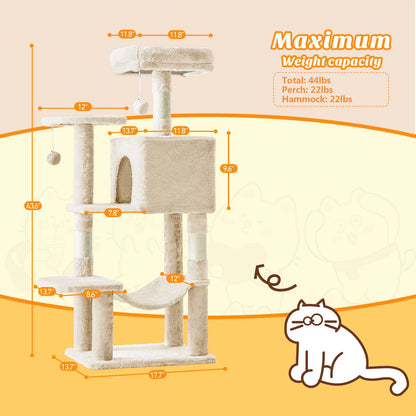 MCQ 44IN Cat Tree Tower Cat Climbing Tower with Natural Sisal Scratching Posts Pet Condo for Indoor Cats and Kittens Play
