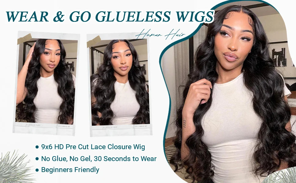 9x6 Glueless Wig Human Hair Pre Plucked Pre Cut Body Wave HD Closure Wig Human Hair Pre Bleached Knots With Baby Hair 250 Density