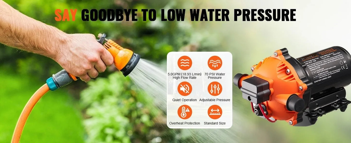 12V Diaphragm Pump 1.8/3/3.5/5 GPM 3/4/5-Chamber 40-100 PSI Adjustable 1/2'' MNPT Port for RV Yacht Food Truck Camper