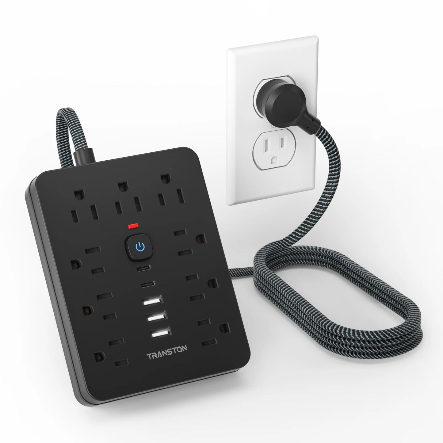 Power strip surge protector with 9 Ac Outlets,3 USB & 2 USB-C,5ft Cable, Weaving thread,45° tilt plug, Black