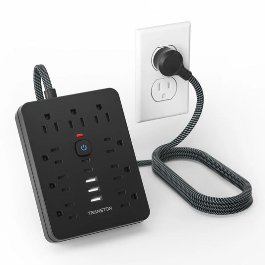 Power strip surge protector with 9 Ac Outlets,3 USB & 2 USB-C,5ft Cable, Weaving thread,45° tilt plug, Black