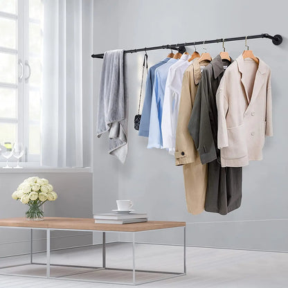 Tall Industrial Wall Mounted Clothes Rack With Hooks Shelf.