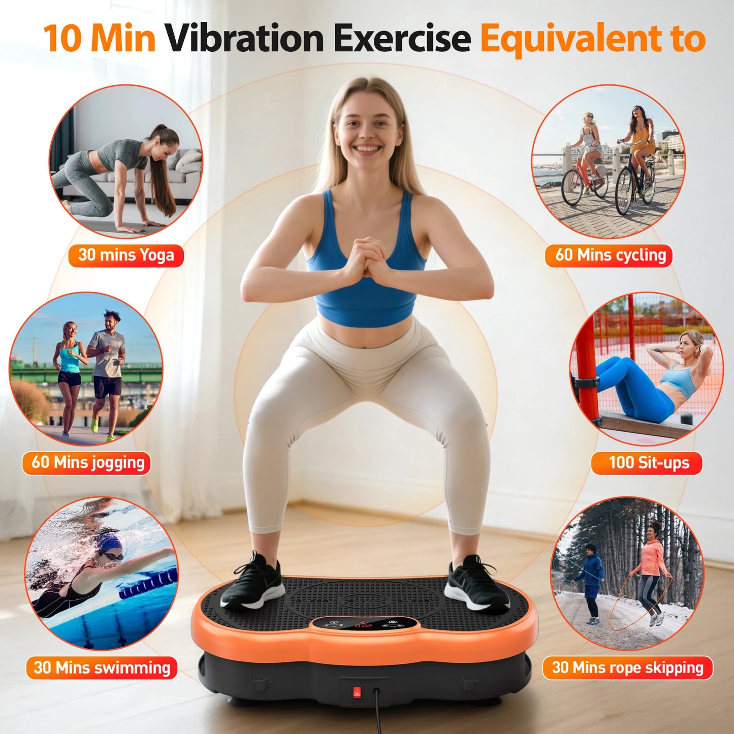 Bluetooth vibration plate; calorie-tracking, 120-level whole-body workout.