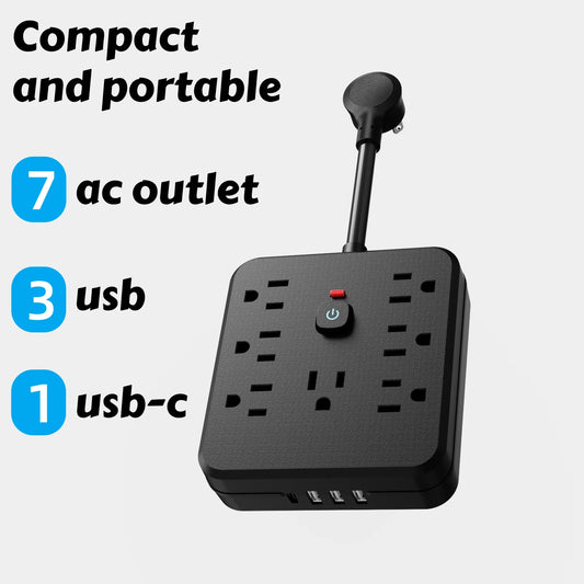 11-in-1 Power Strip with 7 AC Sockets, 3 USB Ports and 1 Type-C Connection | Surge Protector & Multi-Plug Extender, USB Wall