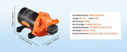 12V Diaphragm Pump 1.8/3/3.5/5 GPM 3/4/5-Chamber 40-100 PSI Adjustable 1/2'' MNPT Port for RV Yacht Food Truck Camper