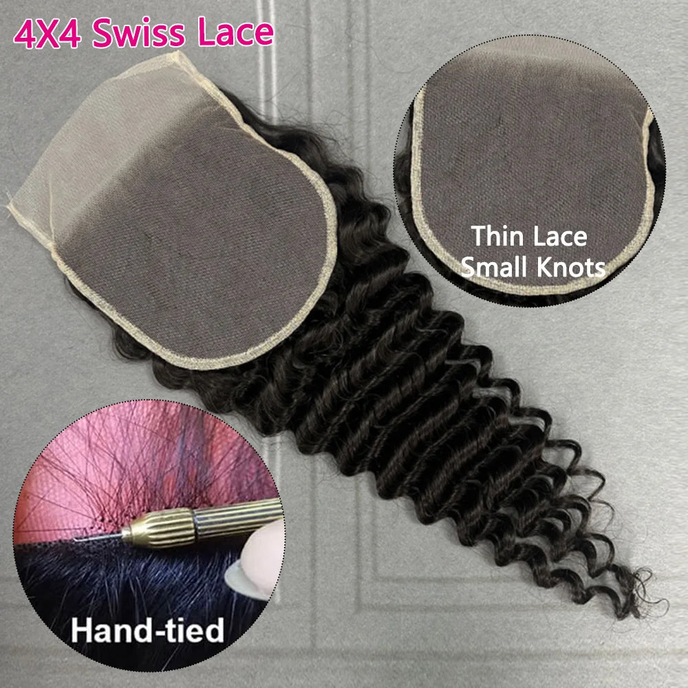 Deep Wave Human Hair Bundles And Weaves 22 24 26 Inch Burmese Curly Hair Bundles With Closure Human Hair 100% Raw Hair Bundles Deals And 4x4 Lace Closure Transparent HD Swiss Lace Preplucked With Baby Hair Brazilian Hair Exte