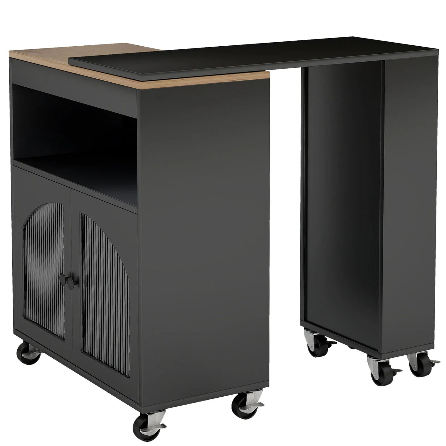 US Kitchen Island On Wheels with Extended Table MDF Rolling Kitchen Storage Cart LED Light Power Outlets 2 Fluted Glass Doors