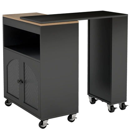 US Kitchen Island On Wheels with Extended Table MDF Rolling Kitchen Storage Cart LED Light Power Outlets 2 Fluted Glass Doors