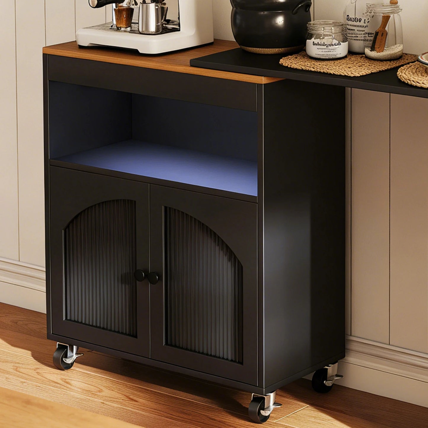 US Kitchen Island On Wheels with Extended Table MDF Rolling Kitchen Storage Cart LED Light Power Outlets 2 Fluted Glass Doors