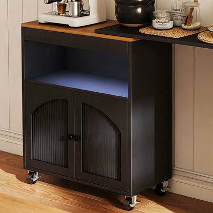 US Kitchen Island On Wheels with Extended Table MDF Rolling Kitchen Storage Cart LED Light Power Outlets 2 Fluted Glass Doors