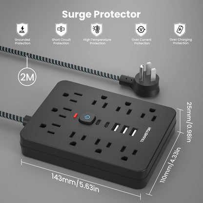 Power strip surge protector with 9 Ac Outlets,3 USB & 2 USB-C,5ft Cable, Weaving thread,45° tilt plug, Black