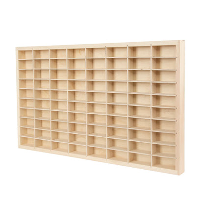 Wood display shelf with 80‑grid diecast storage.