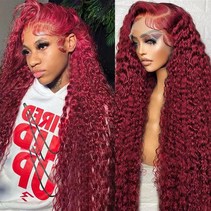 Burgundy deep‑wave wig, 13x4 HD lace.