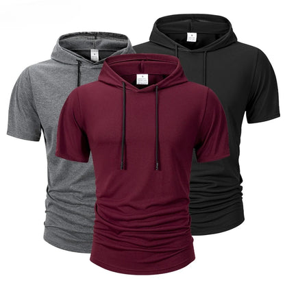 Summer Men's Hooded Sweatwear Casual Short Sleeve Loose T-shirt Solid Color Lightweight Hoodie Fitness Breathable Tops