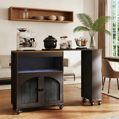 US Kitchen Island On Wheels with Extended Table MDF Rolling Kitchen Storage Cart LED Light Power Outlets 2 Fluted Glass Doors