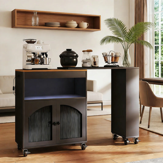 US Kitchen Island On Wheels with Extended Table MDF Rolling Kitchen Storage Cart LED Light Power Outlets 2 Fluted Glass Doors