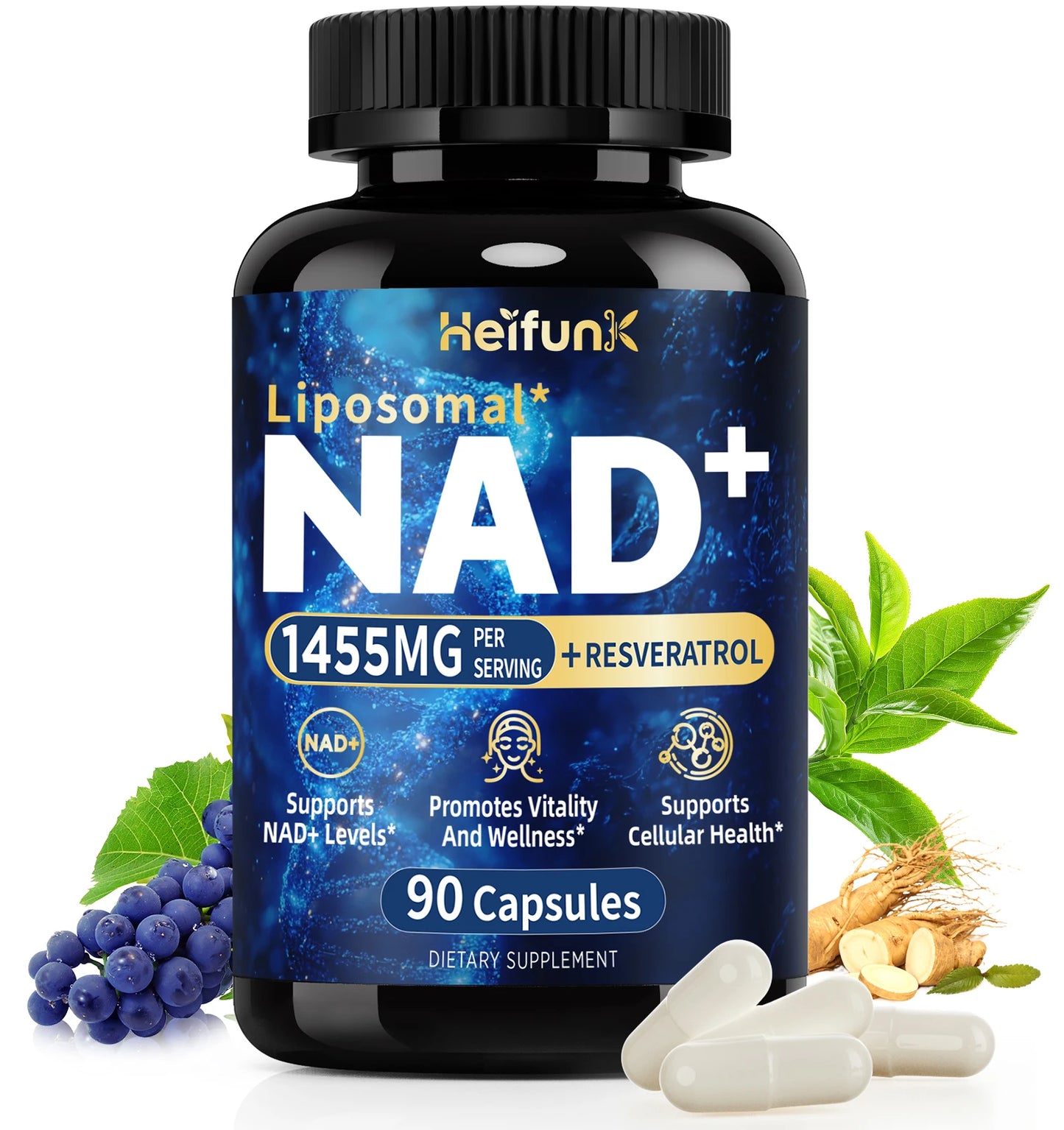 Supplement 1450mg NAD Resveratrol Supplement for Women and Men NAD+ Support Cellular Health Anti Aging 90 Count