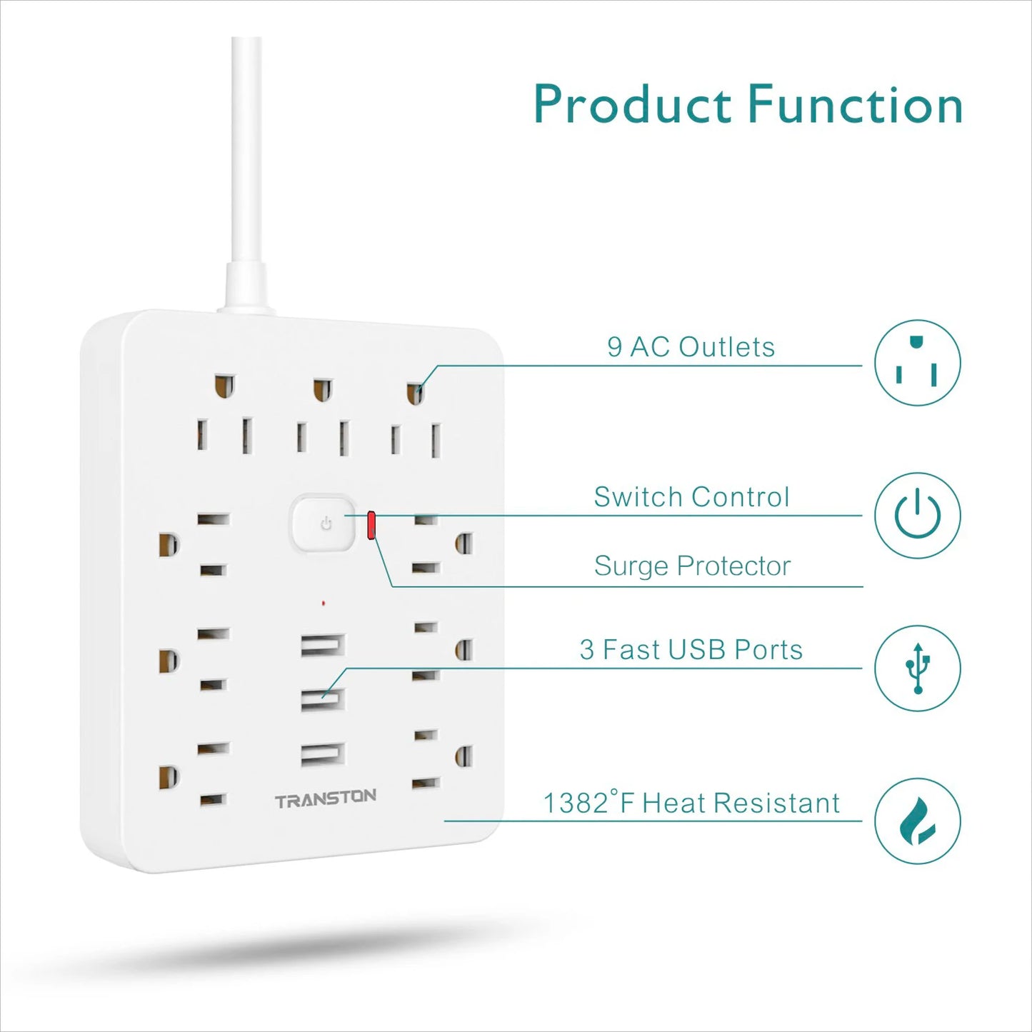 Power Outlet with Surge Protector, 9 sockets 3 USB Ports,5ft Extension Cord, Quick Charge, For Home and Office ,White